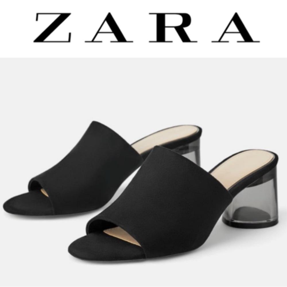 ZARA BLACK FAUX SUEDE SLIDE SANDALS LUCITE ROUND HEEL OPEN TOE MINIMALIST MULES